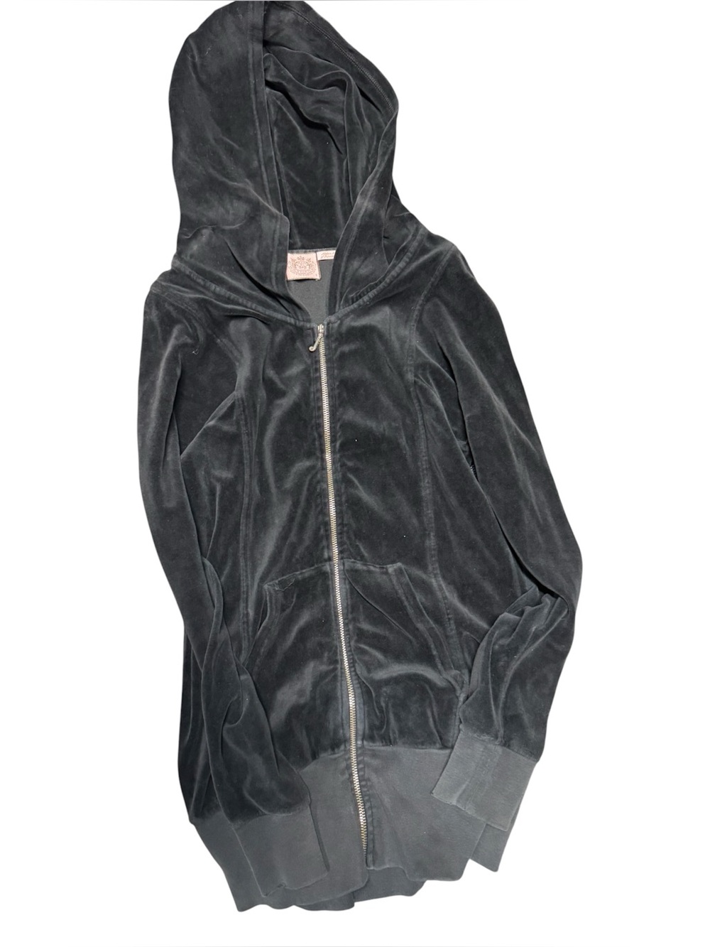 Juicy Couture Y2K Vtg Long Black Velour Full Zip Hoodie Womens size small